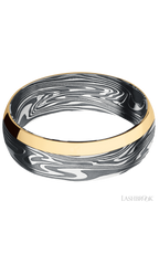 7 mm wide/Domed/Kinetic band with one 2 mm Off Center Edge inlay of 14K Yellow Gold.