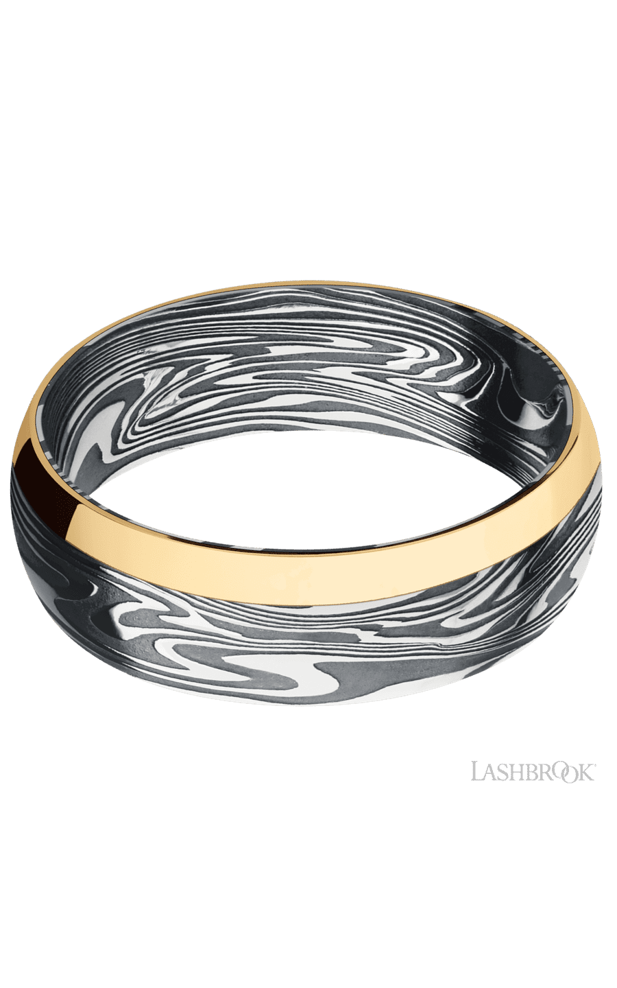 7 mm wide/Domed/Kinetic band with one 2 mm Off Center Edge inlay of 14K Yellow Gold.