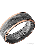 8 mm wide/Flat Grooved Edges/Tightweave band with two 1 mm Edge inlays of 14K Rose Gold.