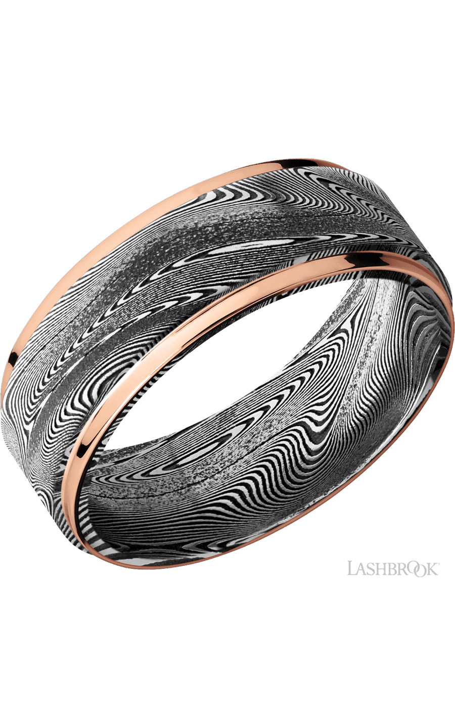 8 mm wide/Flat Grooved Edges/Tightweave band with two 1 mm Edge inlays of 14K Rose Gold.