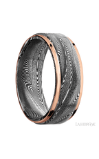 8 mm wide/Flat Grooved Edges/Tightweave band with two 1 mm Edge inlays of 14K Rose Gold.