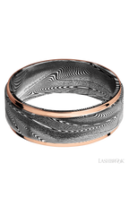 8 mm wide/Flat Grooved Edges/Tightweave band with two 1 mm Edge inlays of 14K Rose Gold.