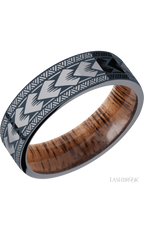 7 mm wide/Flat/Tantalum band with a laser carved Maori pattern also featuring a Koa sleeve.