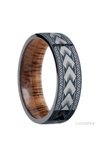 7 mm wide/Flat/Tantalum band with a laser carved Maori pattern also featuring a Koa sleeve.