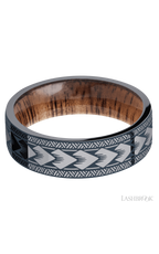 7 mm wide/Flat/Tantalum band with a laser carved Maori pattern also featuring a Koa sleeve.