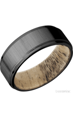 8 mm wide Flat Grooved Edges Zirconium band featuring a Spalted Tamarind sleeve.