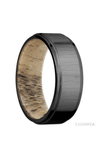 8 mm wide Flat Grooved Edges Zirconium band featuring a Spalted Tamarind sleeve.