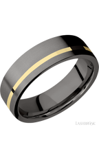 7 mm wide/Flat/Tantalum Noir band with one 1 mm Off Center inlay of 14K Yellow Gold.