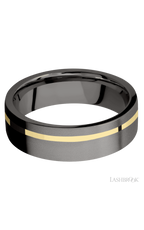 7 mm wide/Flat/Tantalum Noir band with one 1 mm Off Center inlay of 14K Yellow Gold.