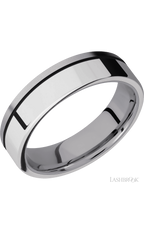 6 mm wide/Flat/Tantalum band with one 4 mm Off Center Edge inlay of Palladium Silver.