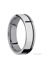 6 mm wide/Flat/Tantalum band with one 4 mm Off Center Edge inlay of Palladium Silver.