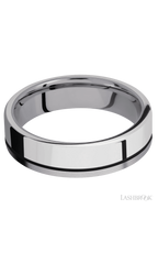 6 mm wide/Flat/Tantalum band with one 4 mm Off Center Edge inlay of Palladium Silver.