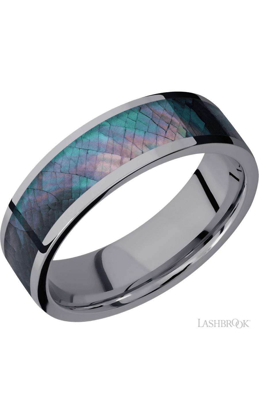 7 mm wide/Flat/Tantalum band with one 5 mm Centered inlay of Black Mother of Pearl.