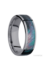 7 mm wide/Flat/Tantalum band with one 5 mm Centered inlay of Black Mother of Pearl.