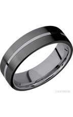 7 mm wide/Flat/Tantalum band with two 3 mm Double Off Center Edge inlays of Zirconium.