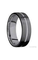 7 mm wide/Flat/Tantalum band with two 3 mm Double Off Center Edge inlays of Zirconium.