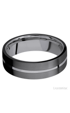 7 mm wide/Flat/Tantalum band with two 3 mm Double Off Center Edge inlays of Zirconium.