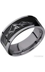 8 mm wide/Flat/Tantalum band with a laser carved Mountain 2 pattern.