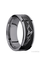 8 mm wide/Flat/Tantalum band with a laser carved Mountain 2 pattern.