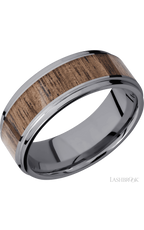 8 mm wide/Flat Grooved Edges/Tantalum band with one 5 mm Centered inlay of Walnut.