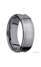 8 mm wide/Flat Grooved Edges/Tantalum band with one 5 mm Centered inlay of Walnut.