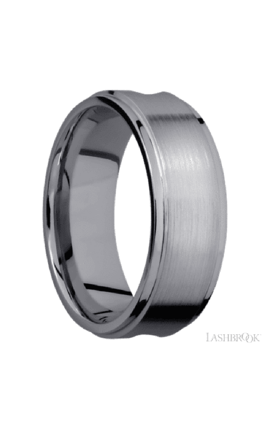 8 mm wide/Flat Grooved Edges/Tantalum band with one 5 mm Centered inlay of Walnut.