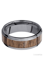 8 mm wide/Flat Grooved Edges/Tantalum band with one 5 mm Centered inlay of Walnut.