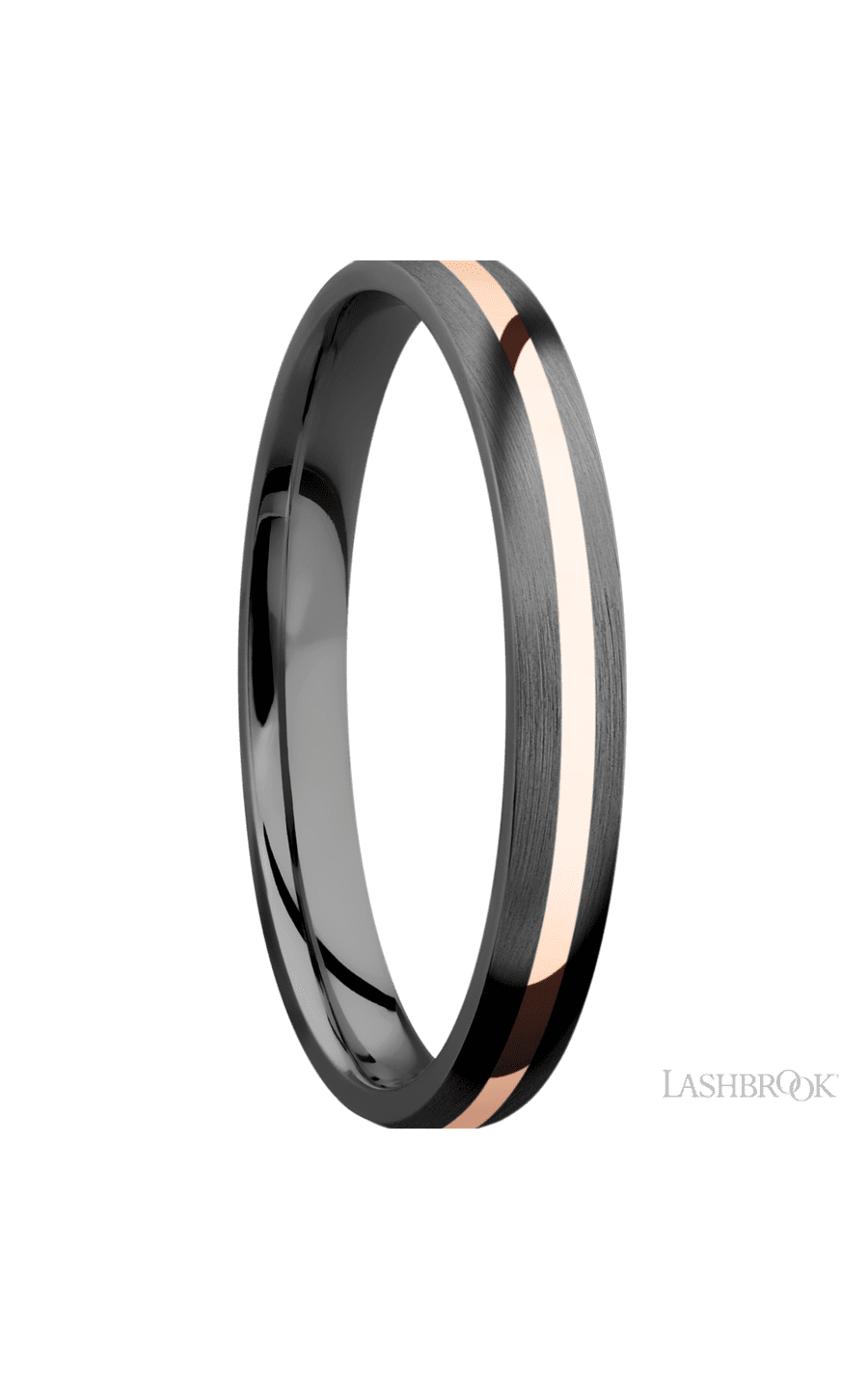 3 mm wide/Domed/Zirconium band with one 1 mm Centered inlay of 14K Rose Gold.