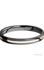 3 mm wide/Domed/Zirconium band with one 1 mm Centered inlay of 14K Rose Gold.