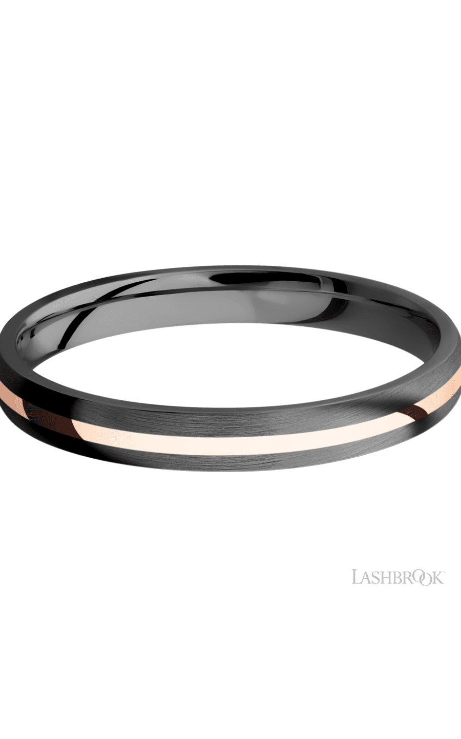 3 mm wide/Domed/Zirconium band with one 1 mm Centered inlay of 14K Rose Gold.