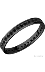 3 mm wide/Flat/Zirconium band with an Eternity arrangement of .03 carat Round Black Diamond stones in a Bead setting.