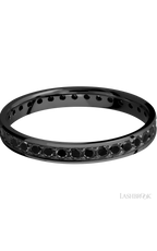 3 mm wide/Flat/Zirconium band with an Eternity arrangement of .03 carat Round Black Diamond stones in a Bead setting.