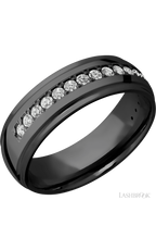 7 mm wide/Domed Stepped Down Edges/Zirconium band with a Half Eternity arrangement of .03 carat Round Diamond stones in a Bead setting.