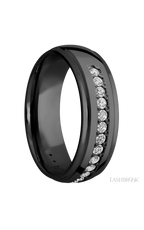 7 mm wide/Domed Stepped Down Edges/Zirconium band with a Half Eternity arrangement of .03 carat Round Diamond stones in a Bead setting.