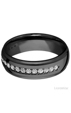 7 mm wide/Domed Stepped Down Edges/Zirconium band with a Half Eternity arrangement of .03 carat Round Diamond stones in a Bead setting.