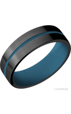 7 mm wide/Flat/Zirconium band with one 1 mm Centered inlay of Royal Blue also featuring a Royal Blue sleeve.