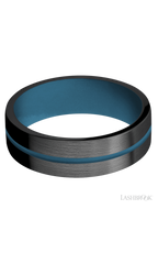 7 mm wide/Flat/Zirconium band with one 1 mm Centered inlay of Royal Blue also featuring a Royal Blue sleeve.