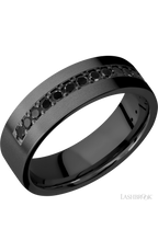 7 mm wide/Flat/Zirconium band with a Half Eternity arrangement of .03 carat Round Black Diamond stones in a Bead setting.