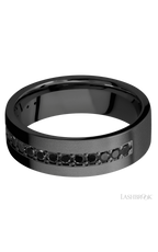 7 mm wide/Flat/Zirconium band with a Half Eternity arrangement of .03 carat Round Black Diamond stones in a Bead setting.
