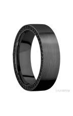7 mm wide/Flat/Zirconium band with a Side Eternity arrangement of .01 carat Round Black Diamond stones in a Bead setting.