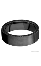 7 mm wide/Flat/Zirconium band with a Side Eternity arrangement of .01 carat Round Black Diamond stones in a Bead setting.