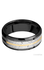 8 mm wide/Beveled/Zirconium band featuring inlays of Meteorite and 14K Yellow Gold.