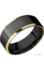 8 mm wide/Beveled/Zirconium band with two 1 mm Edge inlays of 14K Yellow Gold.
