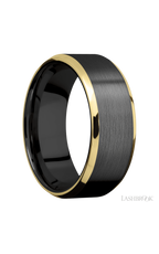 8 mm wide/Beveled/Zirconium band with two 1 mm Edge inlays of 14K Yellow Gold.