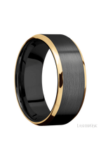 8 mm wide/Beveled/Zirconium band with two 1 mm Edge inlays of 14K Yellow Gold.