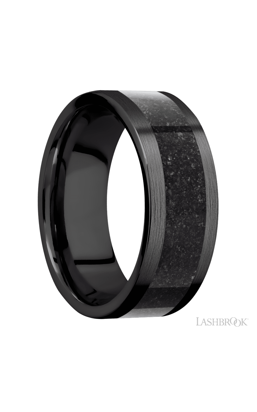 8 mm wide/Flat/Zirconium band with one 5 mm Centered inlay of Dinosaur Bone Black.