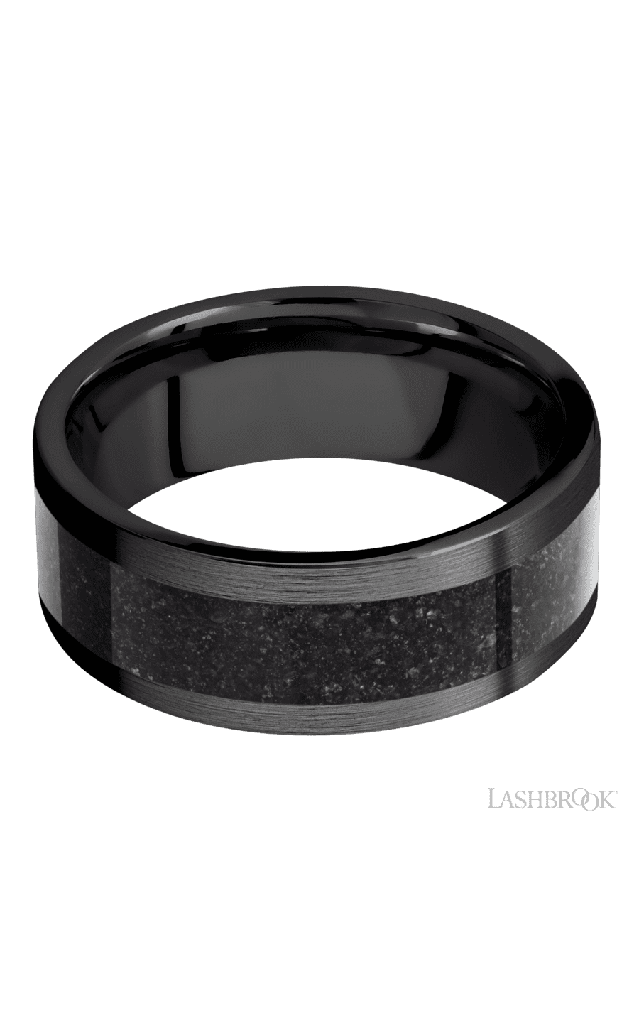 8 mm wide/Flat/Zirconium band with one 5 mm Centered inlay of Dinosaur Bone Black.