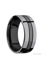 8 mm wide/Flat/Zirconium band with two 3 mm Double Off Center Edge inlays of Tantalum.