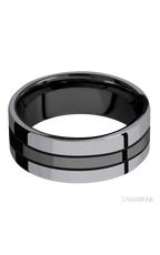 8 mm wide/Flat/Zirconium band with two 3 mm Double Off Center Edge inlays of Tantalum.