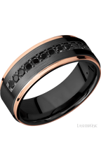 8 mm wide/Flat Grooved Edges/Zirconium band with a Half Eternity arrangement of .03 carat Round Black Diamond stones in a Bead setting and featuring two 1 mm Edge inlays of 14K Rose Gold